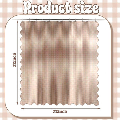 HunnmingRe Scalloped Gingham Shower Curtain Taupe | 72'' x 72'' Vintage Farmhouse Curtain, Cotton Cottage Core Rural Checkered Plaid Decor, Fall Shower Curtain for Bathroom