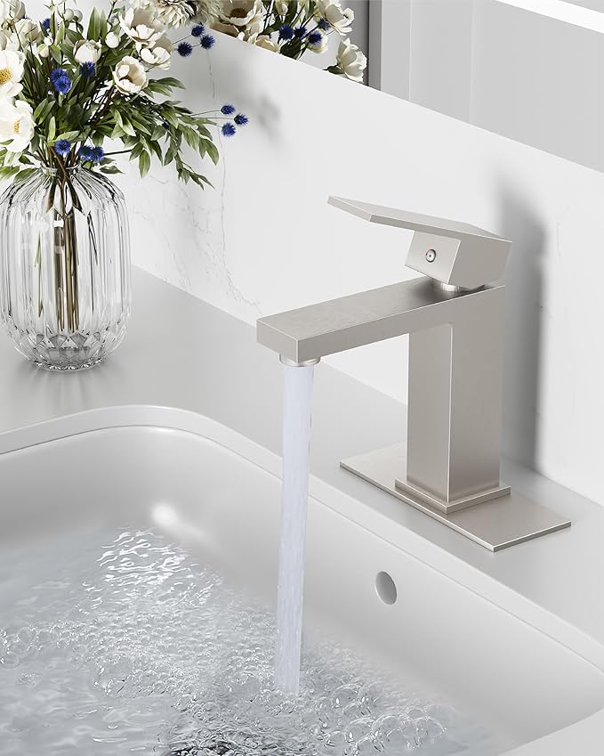 Midanya Bathroom Faucets 1 Hole, Single Handle Stainless Steel Bathroom Sink Faucet, Modern Vanity Faucets with Deck Plate,Water Supply Hoses and Pop Up Drain,Brushed Nickel