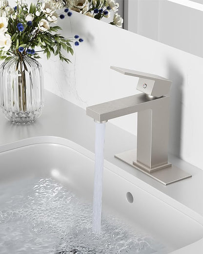 Midanya Bathroom Faucets 1 Hole, Single Handle Stainless Steel Bathroom Sink Faucet, Modern Vanity Faucets with Deck Plate,Water Supply Hoses and Pop Up Drain,Brushed Nickel