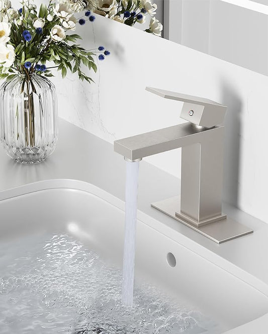 Midanya Bathroom Faucets 1 Hole, Single Handle Stainless Steel Bathroom Sink Faucet, Modern Vanity Faucets with Deck Plate,Water Supply Hoses and Pop Up Drain,Brushed Nickel