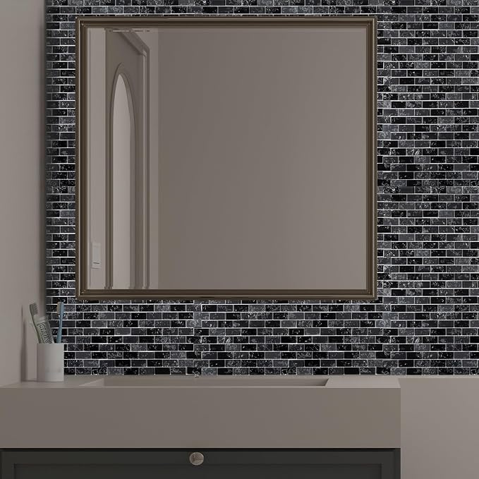 Glass Mosaic Tile Backsplash Black 12 Inch 5 sq.ft | Glass Tiles for Kitchen Backsplash Bathroom and Shower 5-Pack