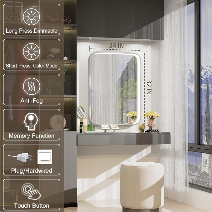 24"x32" Silver LED Bathroom Mirror,Adjust 3000K/4500K/6000K Light | Stepless Dimmable, Anti-Fog, Memory Funtion, Aluminum Frame Wall Mount Lighted Vanity Mirror, ETL Cert‌, Horizontal/Vertical