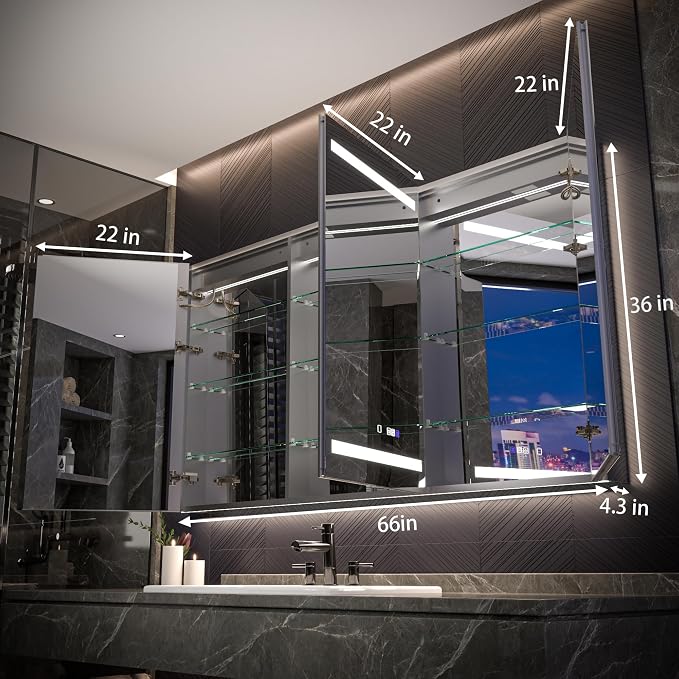 Neftis 66x36 Medicine Cabinet with Lights & Magnifier & Mirrors, GFCI Outlet, Soft-Closed Hinges, Front&Backlit, Anti-Fog, Dimmable&Tunable, Sensor Lights, Recessed/Surface, Adjustable Shelves