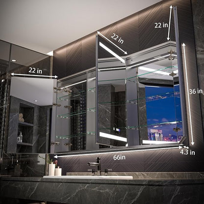 Neftis 66x36 Medicine Cabinet with Lights & Magnifier & Mirrors, GFCI Outlet, Soft-Closed Hinges, Front&Backlit, Anti-Fog, Dimmable&Tunable, Sensor Lights, Recessed/Surface, Adjustable Shelves