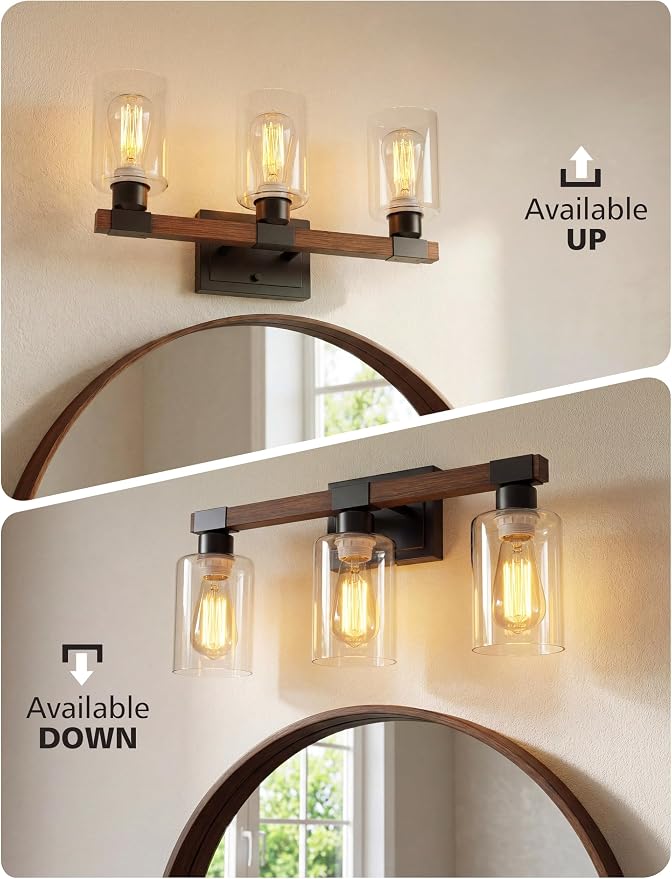 VOLISUN Farmhouse Bathroom Vanity Light Fixtures,3 Light,UL Certificated | 3 Light Bathroom Vanity Lights Over Mirror, Rustic Vanity Light for Bathrooms,Wood Bathrooms Lights Fixtures Over Mirror
