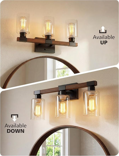 VOLISUN Farmhouse Bathroom Vanity Light Fixtures,3 Light,UL Certificated | 3 Light Bathroom Vanity Lights Over Mirror, Rustic Vanity Light for Bathrooms,Wood Bathrooms Lights Fixtures Over Mirror