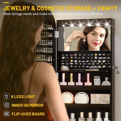 LVSOMT LED Mirror Jewelry Cabinet, Wall/Door Jewelry Organizer, 16" W Black | Lockable Jewelry Armoire with Full Length Mirror, 65 Ring and 108 Earring Slots, Foldable Shelf, Rounded Corner