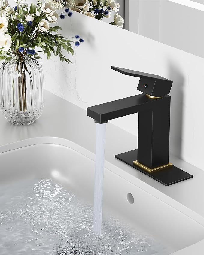 Midanya Bathroom Faucets 1 Hole, Single Handle Stainless Steel Bathroom Sink Faucet, Modern Vanity Faucets with Deck Plate,Water Supply Hoses and Pop Up Drain,Matte Black Handle and Brushed Gold