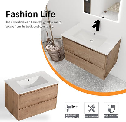 30 inch Floating Bathroom Vanity with Ceramic Sink, 30'' Wall Mounted Cabinet with 2 Soft-Closing Drawers, Space Saving for Small Bathroom, Modern Storage Cabinet, Brown Finish