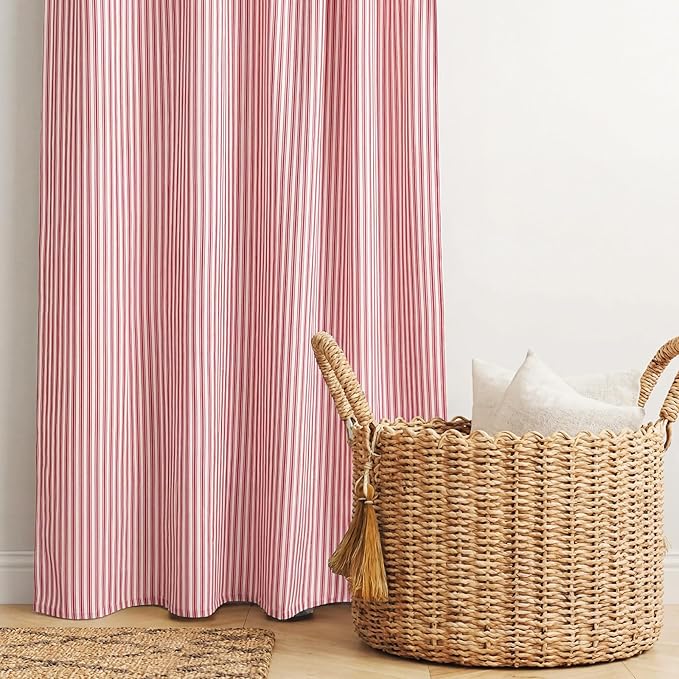 Stripe Cotton Toile Shower Curtain Ticking Stripe Woven Print Curtain Bathroom Decor for Traditional and Contemporary Style Kitchen Bath Home (Red and White,72 x 72 Inches)