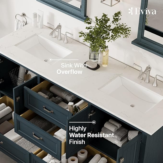 Eviva Britney 72 in. Ash Blue Double Sink Bath Vanity with Carrara Quartz Top and Undermount Porcelain Sinks