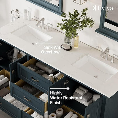 Eviva Britney 72 in. Ash Blue Double Sink Bath Vanity with Carrara Quartz Top and Undermount Porcelain Sinks