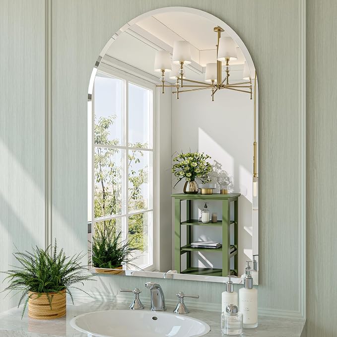 Frameless Bathroom Mirror, 24"x36" Beveled Arched Vanity Mirrors | Frameless, 15mm beveled edge, 5mm HD glass, shatterproof, anti-rust, french cleat, for bathroom/bedroom/entryway