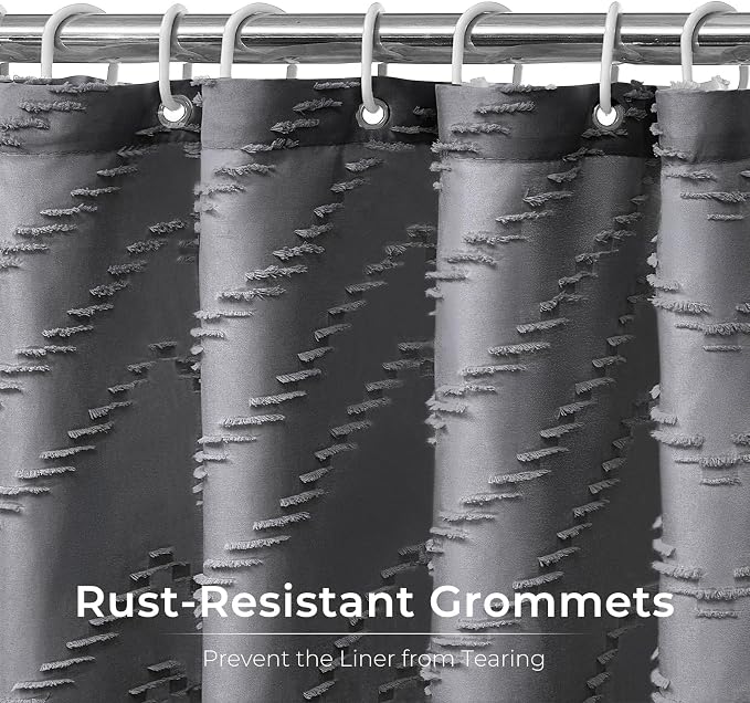 Extra Long Grey Boho Shower Curtain 84 Inch Grey Tufted Chevron Striped Fabric Shower Curtains for Bathroom Modern Shabby Chic Waterproof Cloth Shower Curtain Set with Hooks
