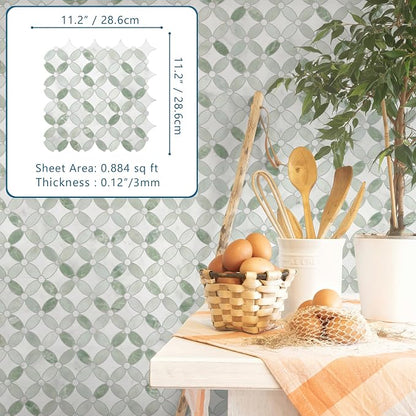 10-Sheet Peel and Stick Backsplash Coin Waterjet Tile, 11.2" x 11.2" Green Marble Looks Self Adhesive Wall Tile Stick on Backsplash for Kitchen, Bathroom, Fireplace, Shower