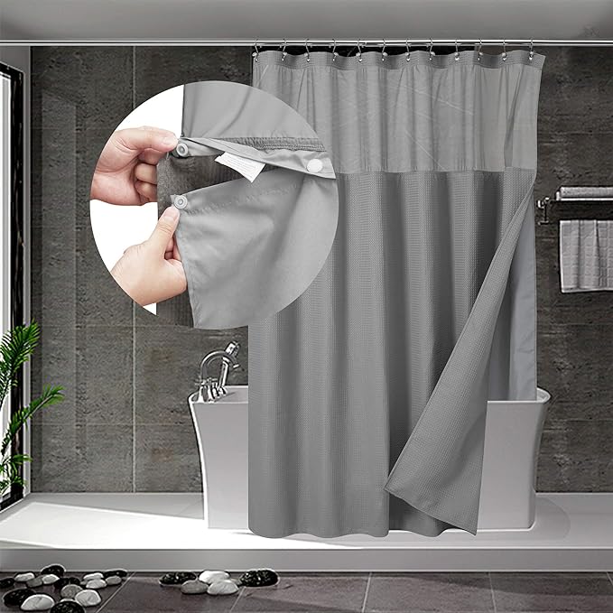 N&Y HOME Long Waffle Weave Shower Curtain with Snap-in Liner 71x78, Gray | 12 Hooks & Snap on Fabric Liner, Washable, Mesh Window, Hotel Style, 78 inches Length Grey Shower Curtain Set for Bathroom