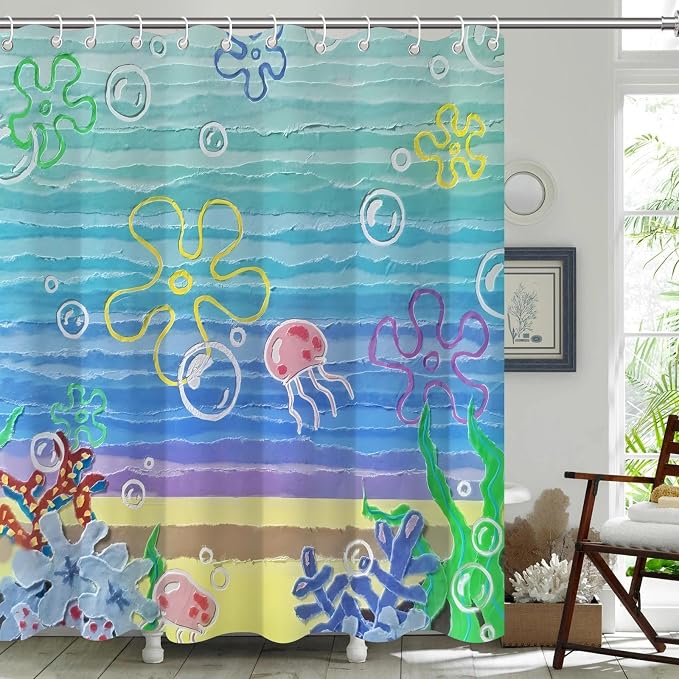 Cute Cartoon Anime Ocean Jellyfish Shower Curtain Set 72x78 Inches | Cute Cartoon Anime Ocean Jellyfish Print, Colorful Seaside Housewarming Ocean Lover Guest Bathroom Decor, With Hooks