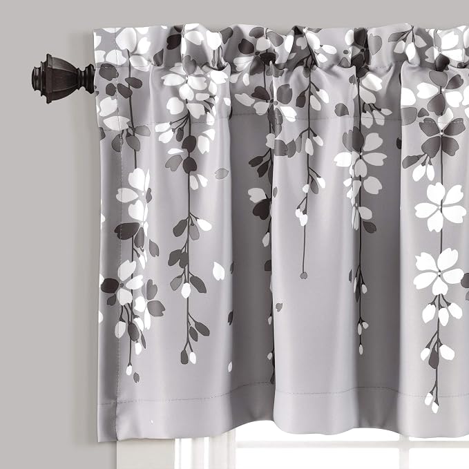 Lush Decor Weeping Flower Light Filtering Valance, 52" W x 18" L + 2" Header, Gray - Floral Curtains - Valance Curtains - Bathroom & Kitchen Valances for Windows - Cottage & Farmhouse Home Decor