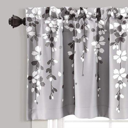 Lush Decor Weeping Flower Light Filtering Valance, 52" W x 18" L + 2" Header, Gray - Floral Curtains - Valance Curtains - Bathroom & Kitchen Valances for Windows - Cottage & Farmhouse Home Decor