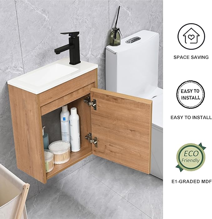 16" Bathroom Vanity Sink Combo for Small Space, Wall Mounted Bathroom Cabinet Set with White Resin Basin Sink Top Black Faucet Pop Up Drain Nature