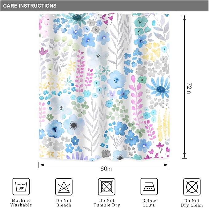 Blue Floral Girls Kids Boho Cute Wildflower Art Bathroom Shower Curtain Set | 60"W x 72"H Watercolor Leaves; waterproof HD print, quick-dry fabric with 12 hooks for easy hanging.