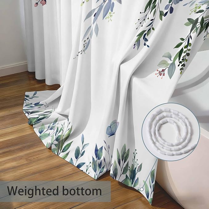 Dark Green Floral Eucalyptus Shower Curtain with Hooks, 72x78 Inch | Waterproof Fabric, Watercolor Leaves and Floral, Botanical Style, Machine Washable, Quick-Drying, for Hotel Bathroom