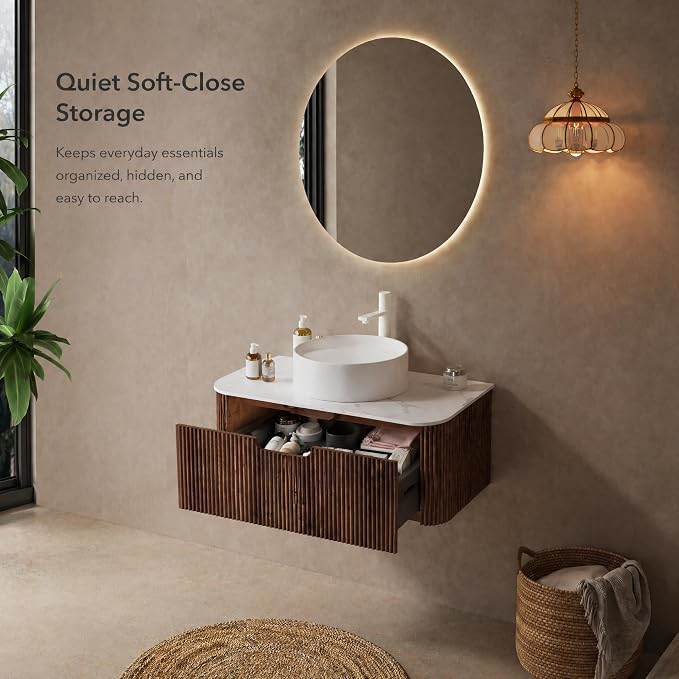 36 Inch Bathroom Vanity with Sink, Floating Wall Mounted Single Sink Vanity, Dark Walnut Curved Fluted Front, Stone Top, Pure White Round Vessel Basin, Pre-Assembled