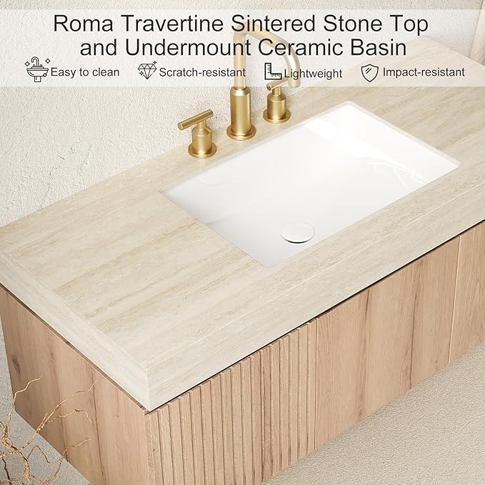 Ambrovina 30" Bathroom Vanity with Sink, Floating Bathroom Storage Cabinet with Drawer and Door, Roma Travertine-Pattern Top and 3 Pre-drilled Faucet Holes Ceramic Basin, Pre-Assembled, Light Wooden