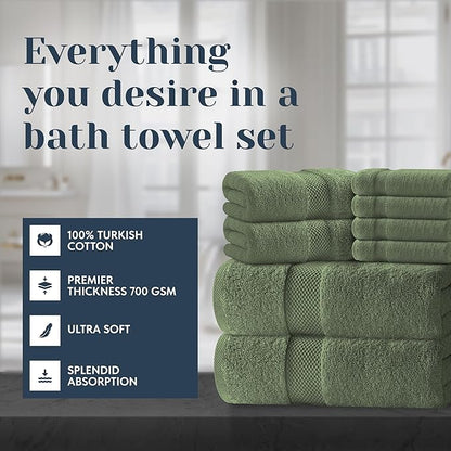 White Classic Luxury Bath Towel Set of 8 Pieces - 100% Turkish Cotton Highly Absorbent Towels for Bathroom, 2 Luxury Bath Towels 700GSM, 2 Hand Towels, 4 Washcloths, Sage Green
