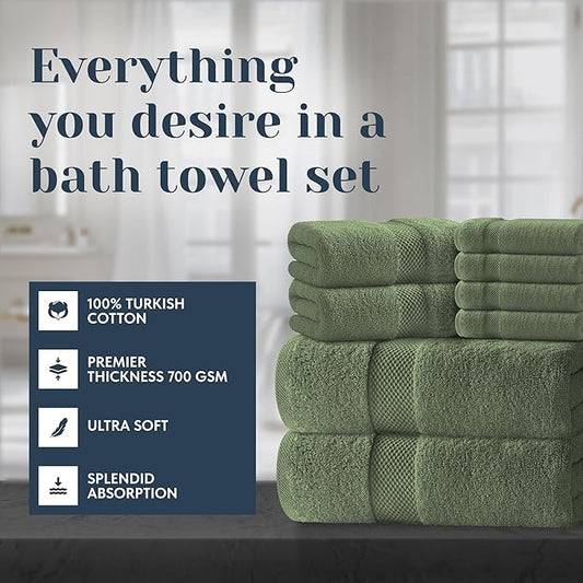 White Classic Luxury Bath Towel Set of 8 Pieces - 100% Turkish Cotton Highly Absorbent Towels for Bathroom, 2 Luxury Bath Towels 700GSM, 2 Hand Towels, 4 Washcloths, Sage Green