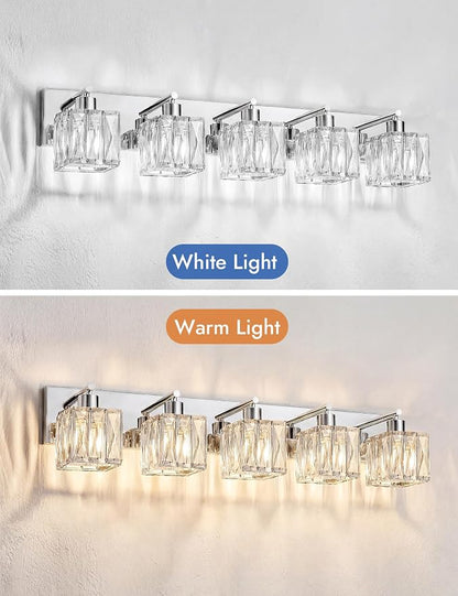 VOLISUN Chrome Bathroom Light Fixtures, Modern Stainless Steel Bathroom Lighting Fixtures Over Mirror, 5 Light Bathrooms Vanity Light, Crystal Vanity Light for Bathrooms-UL Certificated(Exclude Bulb)