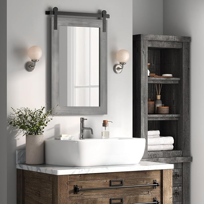 COGOOD Farmhouse Barn Door Mirror - 26 x 17 Grey | Rustic Wood Framed Vanity Mirror for Entryway, Living Room, Bedroom, Bathroom Wall Decor