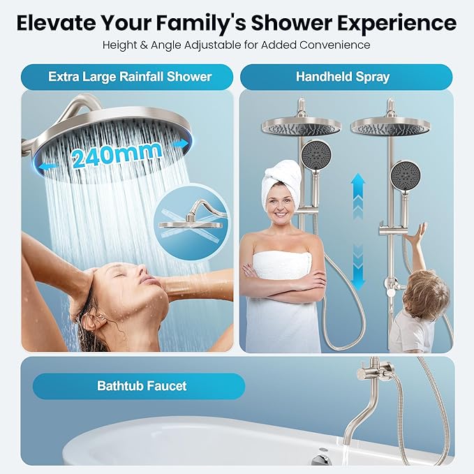 Rainshower Head with Handheld Spray, Retrofit Shower System | Solid Brass Connecter, High Pressure Shower Head with Adjustable Holder& Tub Spout, 60" Stainless Steel Hose, Brushed Nickel
