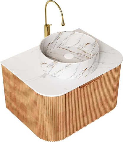 24'' Floating Vanity with Sink Combo, Modern Wall-Mounted Curved Edges Striped Bathroom Storage Cabinet with Soft-Close Drawer and White Stone Pattern Basin, Natural Walnut