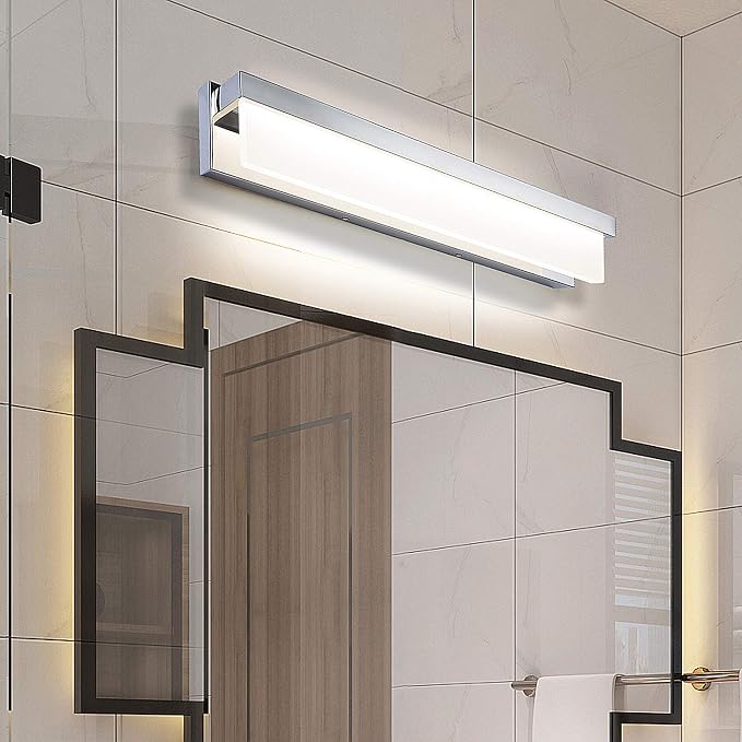 LED Bathroom Vanity Light Fixture Over Mirror 24.4 inch Modern Rectangle Finishing Bath Vanity Lighting Bar 4000K Daylight Wall Sconce (Chrome)