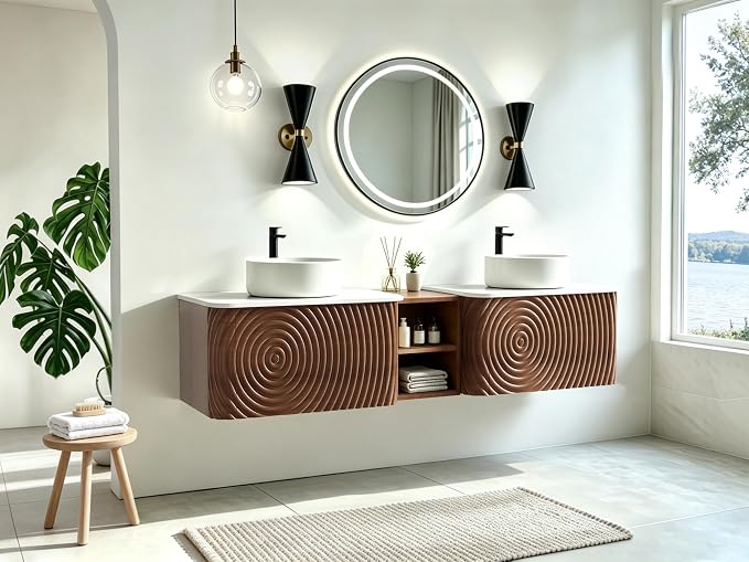 72" Floating Bathroom Vanity with Double Sink, Mid-Century Wall Mounted Bathroom Vanity Cabinet with Wood Waved Decor, Ceramic Vessel Basin, Sintered Stone Top, Soft Close Drawer, Side Open Cube