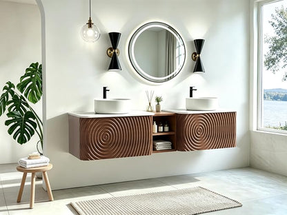 72" Floating Bathroom Vanity with Double Sink, Mid-Century Wall Mounted Bathroom Vanity Cabinet with Wood Waved Decor, Ceramic Vessel Basin, Sintered Stone Top, Soft Close Drawer, Side Open Cube