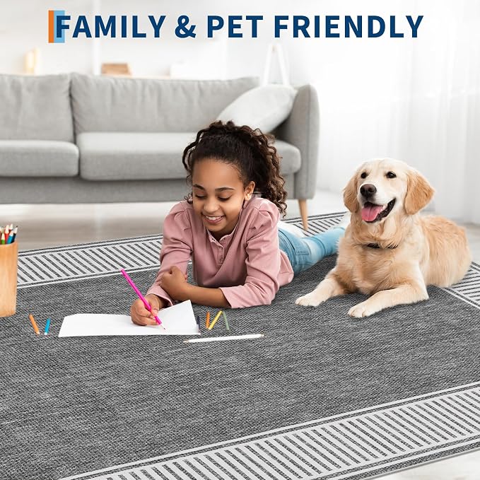 Garvee Living Room Rug 10x13 Washable Modern Bordered Bedroom Rug Grey | Large Non-Shedding Stain-Resistant Foldable Accent Rugs Ultra-Soft Non Slip Low Pile Floor Cover for Nursery Kids Room Office