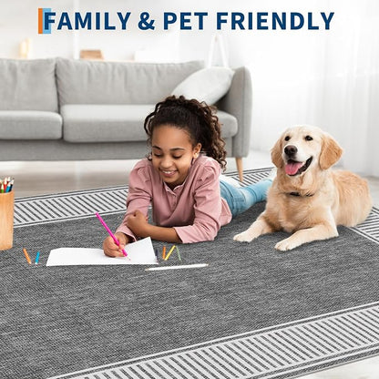Garvee Living Room Rug 10x13 Washable Modern Bordered Bedroom Rug Grey | Large Non-Shedding Stain-Resistant Foldable Accent Rugs Ultra-Soft Non Slip Low Pile Floor Cover for Nursery Kids Room Office
