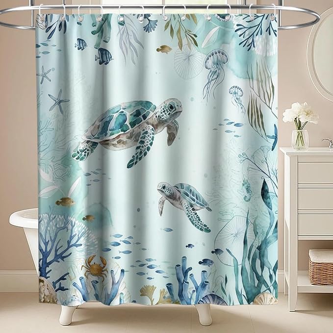 Cute Ocean Sea Turtle Shower Curtain Modern Nautical Kids Tropical Luxury | Nature Shower Curtains for Bathroom, Waterproof Bath Curtain with Hooks Machine Washable Bathtub Curtains 72x84 Inch Blue