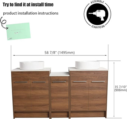 60" Bathroom Vanity with Ceramic Vessel Sink, 60 Inch Freestanding Double Sink Bathroom Vanity Combo, Brown Modern Floor Stand Cabinet Set (BRE400, 60 * 18)