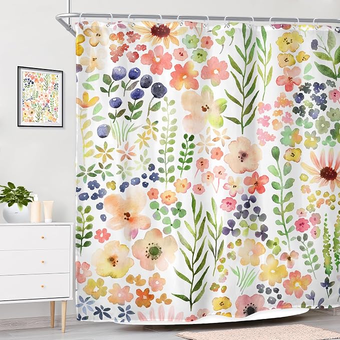 Green Yellow Floral Cute Colorful Kids Girly Bathroom Shower Curtain Set | 72"W x 72"H Botanical Plants; waterproof HD print, quick-dry fabric with 12 hooks for easy hanging.