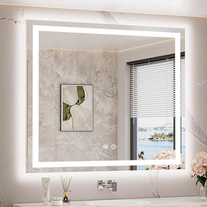 TETOTE LED Bathroom Mirror with Lights 40 x 36 Brighter Light up Mirror for Bathroom Vanity, Front and Backlit 3-Color Dimmable Illuminated Antifog Mirror Wall Mounted, Waterproof, Tempered Glass
