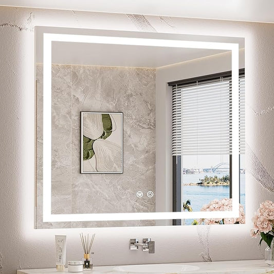 TETOTE LED Bathroom Mirror with Lights 40 x 36 Brighter Light up Mirror for Bathroom Vanity, Front and Backlit 3-Color Dimmable Illuminated Antifog Mirror Wall Mounted, Waterproof, Tempered Glass
