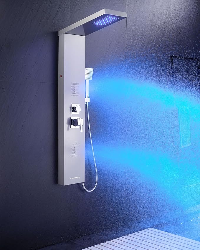 MENATT Shower Tower Panel System with LED Lights, Stainless Steels Shower Tower System with Rainfall Shower Head, 2-in-1 Body Jets,Handheld Showerhead,Bathtub Filler (Brushed Nickel)