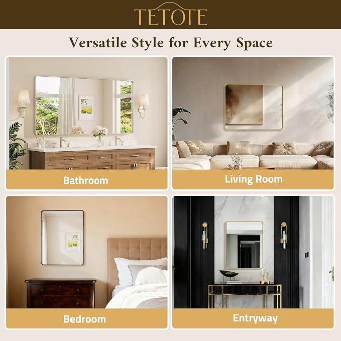 16 x 24 Inch Brushed Gold Frame Mirror, Brass Gold Bathroom Vanity Mirror for Wall, 2 Inch Thick Modern Round Corner Rectangle Framed Mirror (Horizontal/Vertical)