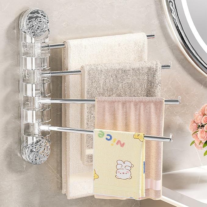 Swivel Towel Bar - Strong Suction Cup Stainless Steel 4 Arm, Folding Bathroom & Kitchen Towel Rack, Wall Mounted, Nail Free Installation