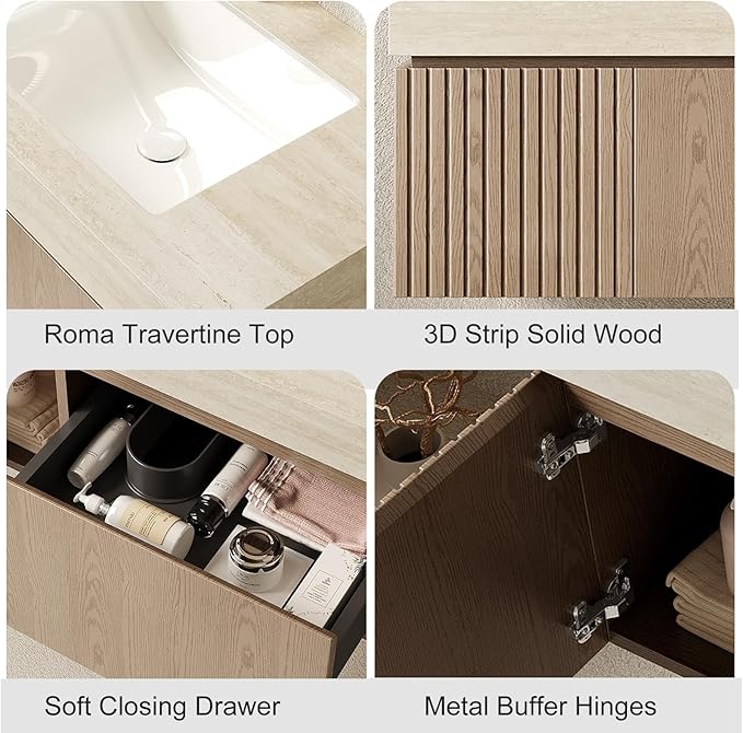 Ambrovina 30" Floating Bathroom Vanity with Sink, Modern Wall Mounted Storage Vanities with Drawer and Door, Roma Travertine Countertop and Ceramic Basin, Pre-Assembled Cabinet, Light Brown