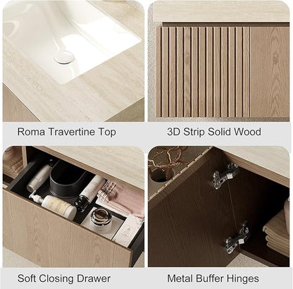 Ambrovina 30" Floating Bathroom Vanity with Sink, Modern Wall Mounted Storage Vanities with Drawer and Door, Roma Travertine Countertop and Ceramic Basin, Pre-Assembled Cabinet, Light Brown