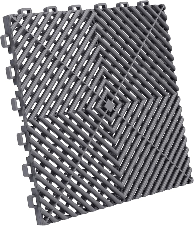 12-Pcs Interlocking Tile, 12" x 12" Indoor/Outdoor Self-Drainage Interlocking Floor Tiles, Non-Slip Heavy-Duty Polypropylene Splicing Flooring Tile for Garage Patio Pool Bathroom, Grey